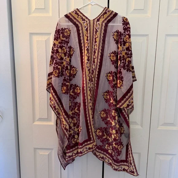 Free People Sheer Velvet Burnout Boho Shawl Kimono Purple Yellow, One Size - Picture 2 of 8